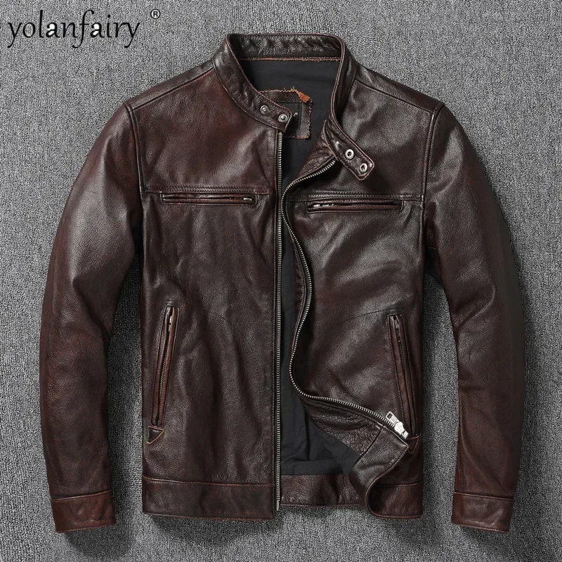 

2022 New Top Layer Cowhide Genuine Leather Men's Stone Milled Old Motorcycle Jacket Stand Collar Jacket Tide Chaquetas Hombre FC