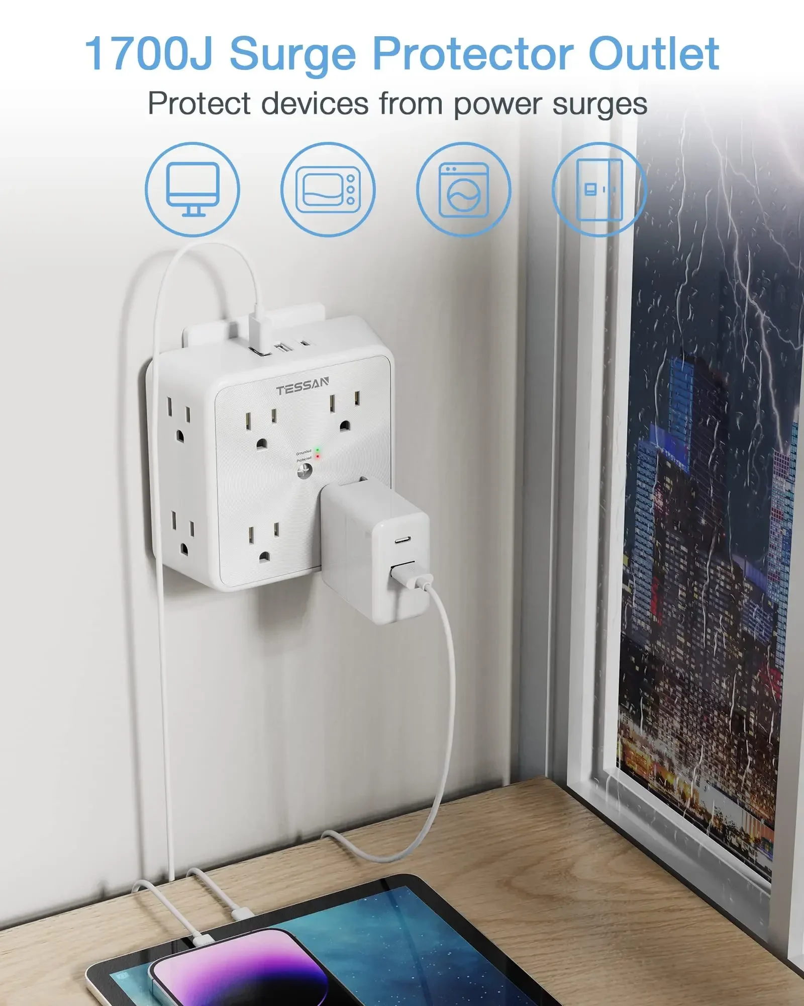 TESSAN Multi Wall Outlet Splitter with 8 AC Outlets 3 USB Type C Surge Protector Multi Outlet Extender For Home Office Dorm
