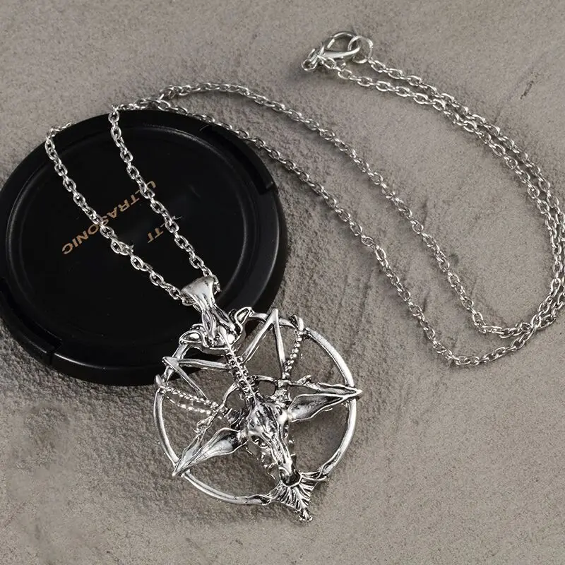 Heißer Verkauf Modeschmuck Vintage Charme Frauen Männer Pentagramm Pfanne Gott Schädel Ziege Kopf Anhänger Kette Halsketten – Detail 7