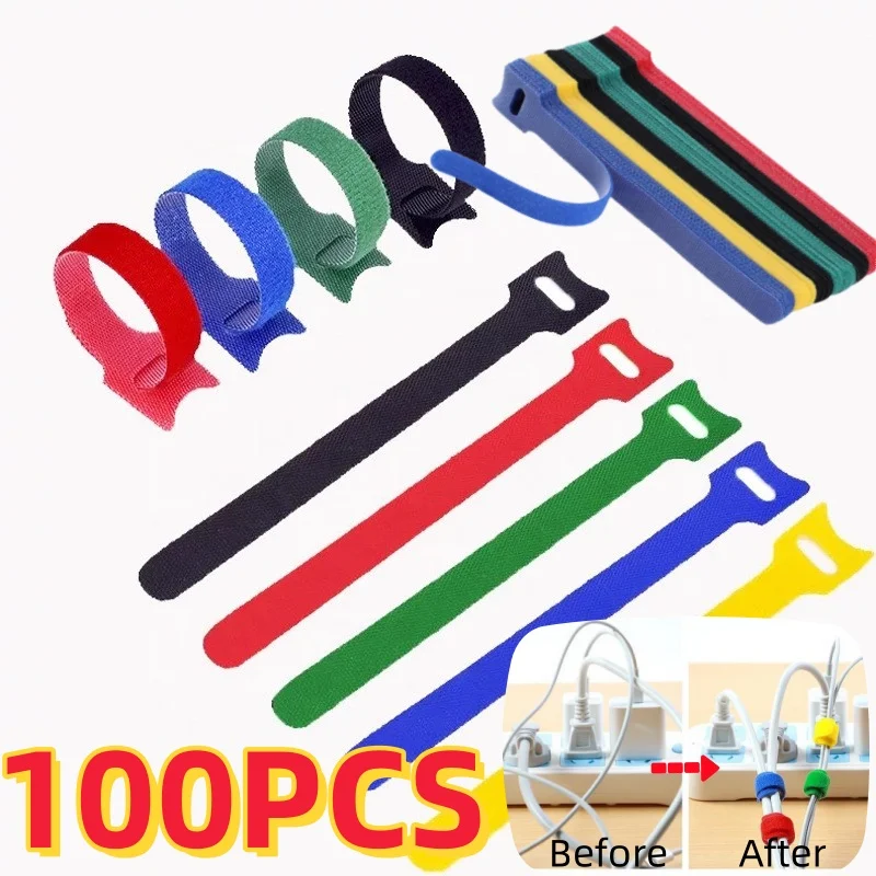 สายรัดเคเบิลแบบเวลโครสำหรับจัดระเบียบสายไฟในบ้าน หลายสี ใช้ซ้ำได้ ถอดออกได้ แบบห่วงและห่วง 100/10 ชิ้น 1