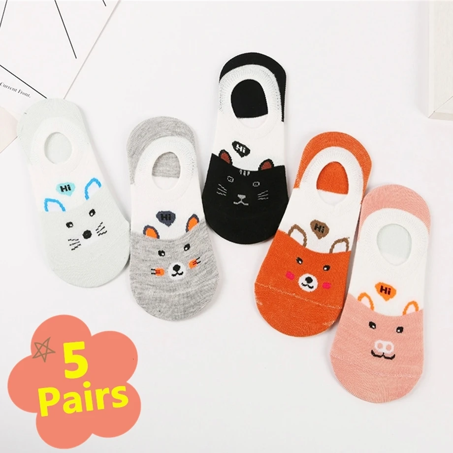 

5 Pairs/lot 2023 New Fashion Short Cartoon Animals Socks Cotton Funny Harajuku Kawaii Cool Style Cheap Summer Women Socks Set