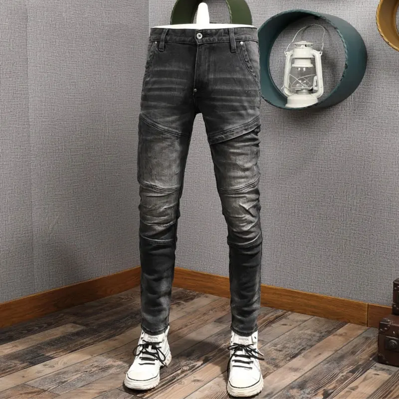High Street Fashion Men Jeans Retro Black Gray Stretch Slim Fit Spliced Designer Biker Jeans Homme Patched Hip Hop Denim Pants