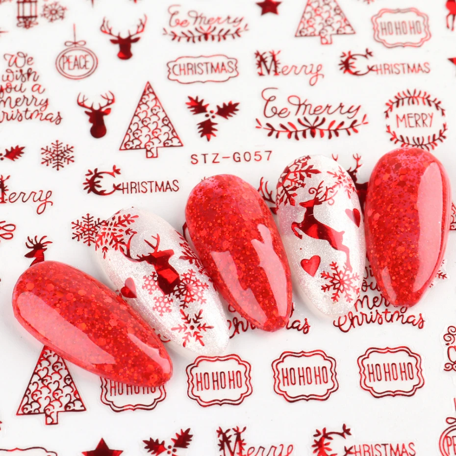 Nail Stickers Nail Art Decoration Nail Decals Holographic Red Christmas Nail Sticker Shine Glitter Snowflake Elk Santa Claus Transfer Slider Winter 3D Decal SASTZG050-058