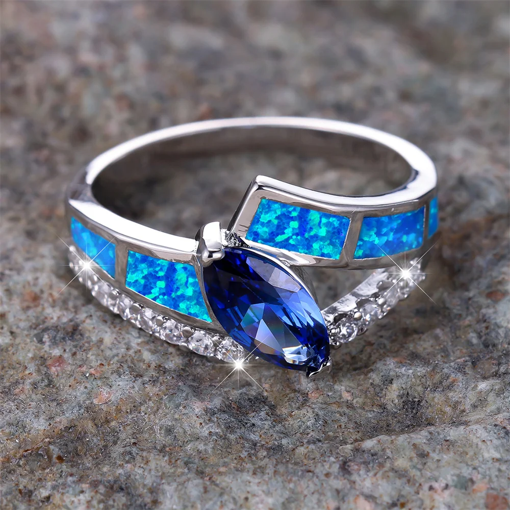 Blue Opal Geometric Crystal Marquise Stone Rings For Women Vintage Silver Color Wedding Band Engagement Jewelry Birthday Gifts