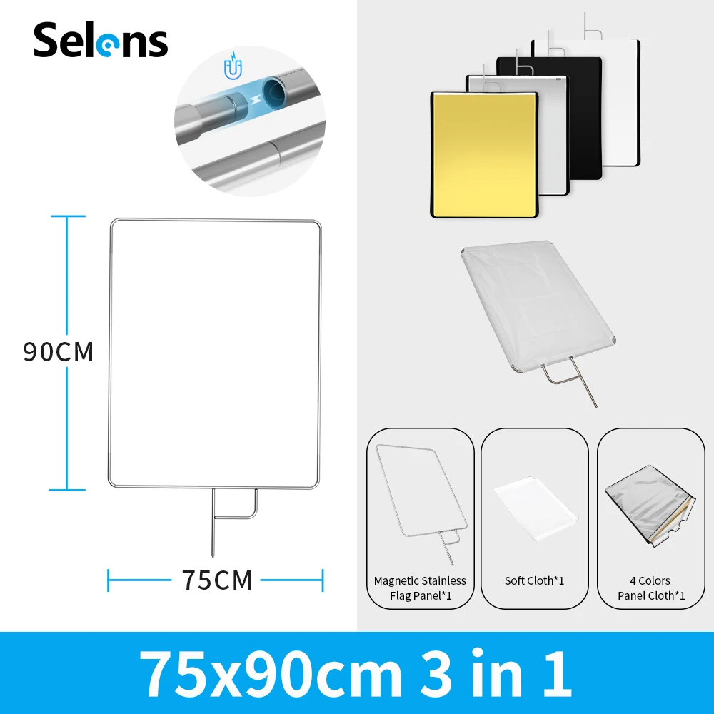 Selens 撮影用 フラッグパネル レフ板 75x90cm ディフューザー+ブラックリフレクターキット ステンレス製 撮影フラッグ 取り外