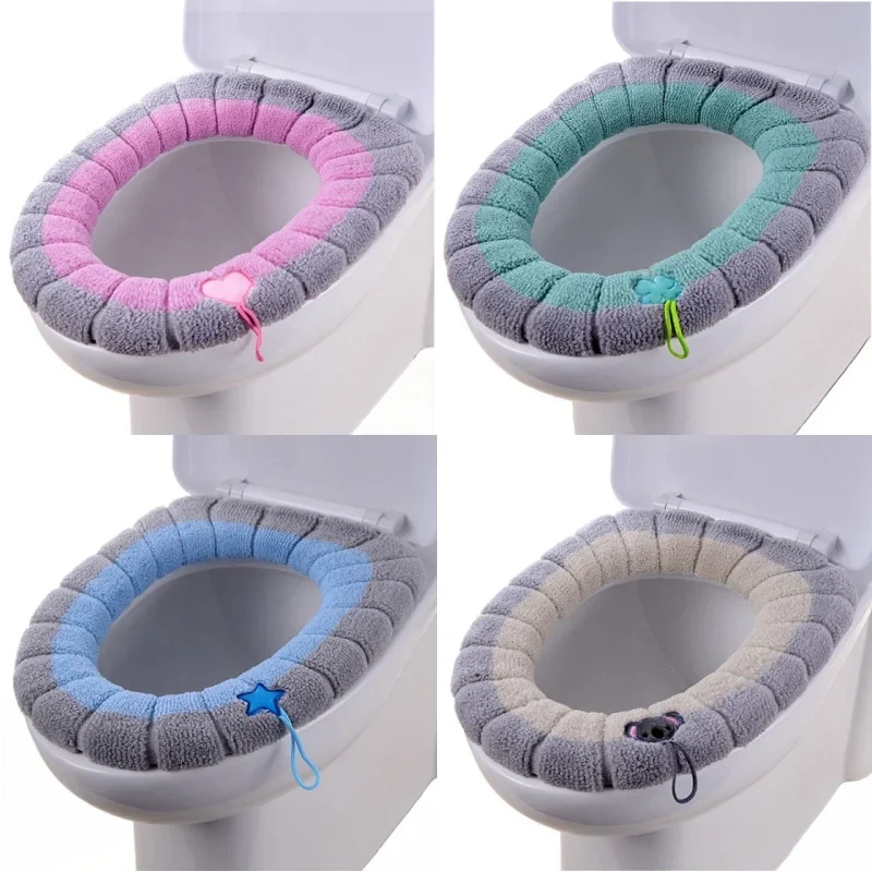 1 Pack Stitched Color Portable Knitted Toilet Mat Thickened Washable Antifreeze Toilet Cover Thickened Knitted O Type Universal
