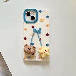 Charming 3D Bow Bear Star Pendant Shockproof Cartoon Silicone Phone Case - iPhone 16 (Beige)