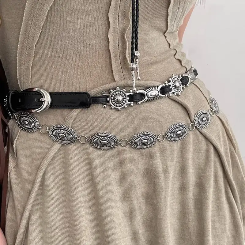15YC Vintage Punk Black Belts For Womens Leathers Waist Belt Female Thin Waistbelts