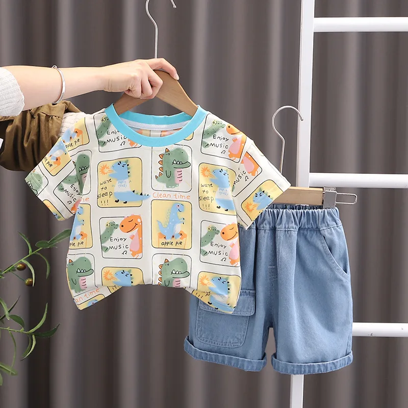 

2024 Summer New Baby Boys Girls Clothes Sets Toddler Cartoon Dinosaurs T-Shirt Tops+Denim Shorts Bottoms 2Pce Kids Tracksuits