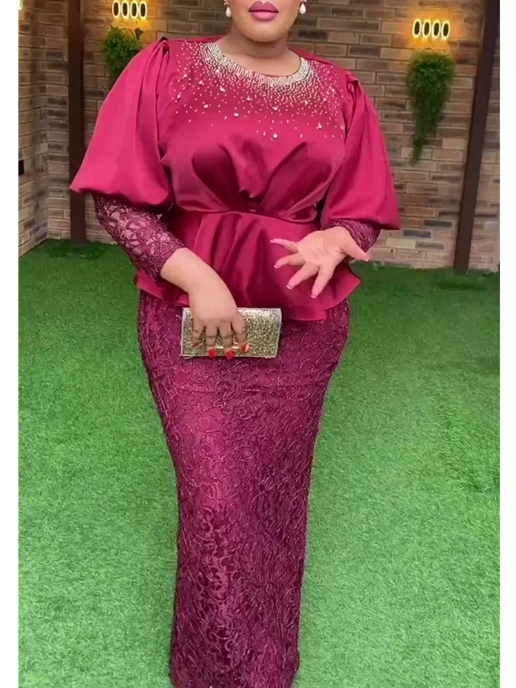 

Elegant African Clothes for Women 2 PCS Sets Tops And Skirts Suits Dashiki Ankara Lace Outfits Gown Plus Size Lady Party Dresses