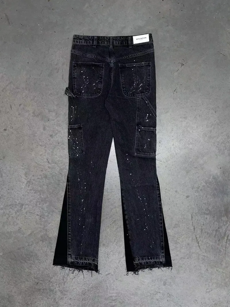 American retro design sense furred edge micro flared jeans men Y2k dark pants new low waist splicing elastic floor length pants 4