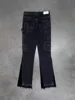 American retro design sense furred edge micro flared jeans men Y2k dark pants new low waist splicing elastic floor length pants 4