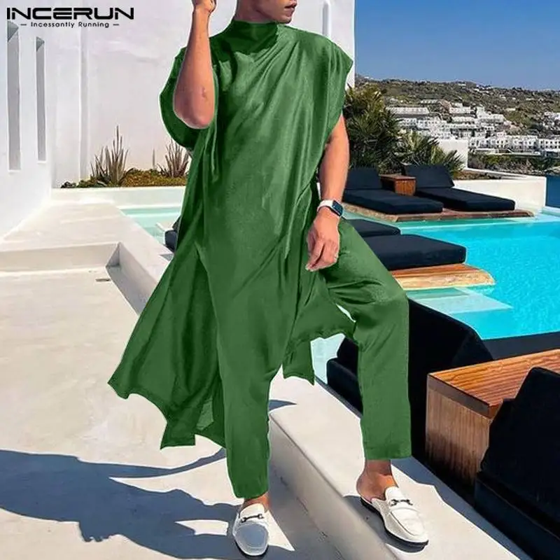 

2023 Men Sets Solid Color O-neck Sleeveless Kaftan Muslim Shirt & Pants 2PCS Islamic Arabic Clothing Men's Suits S-5XL INCERUN