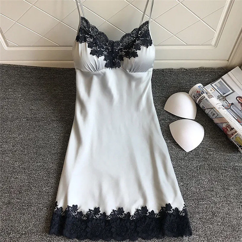Women Lingerie Women Lingerie Set Women Nightgowns Women Nightdresses Sleeping Dress Women's Sexy Lingerie Summer Silk Night Gown Lace Patchwork Mini Night Dress Spaghetti Strap NO Chest Pad Sleepwear For Ladies