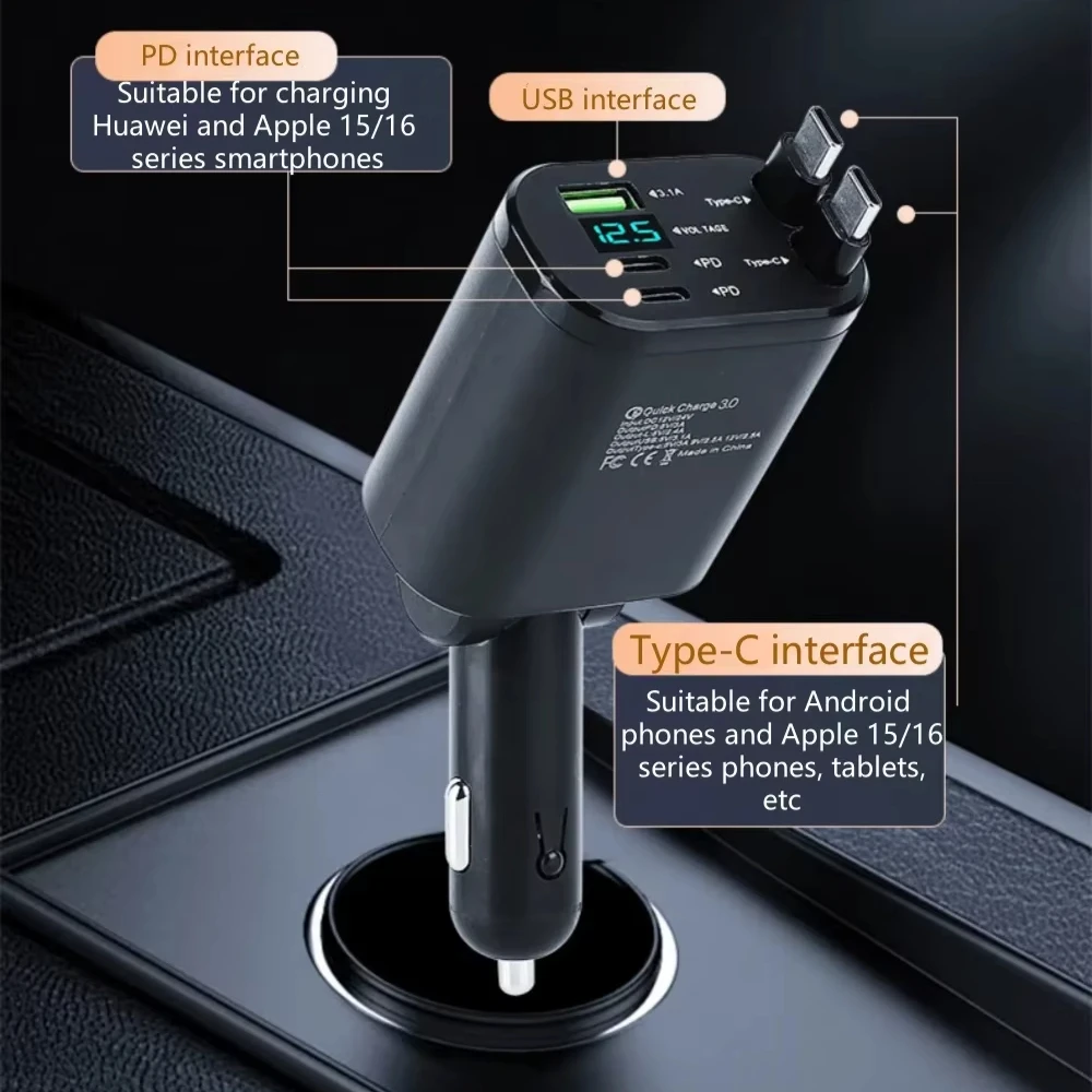 Black Aluminum Fast Car Charger with Dual Type C and 5 USB Ports
