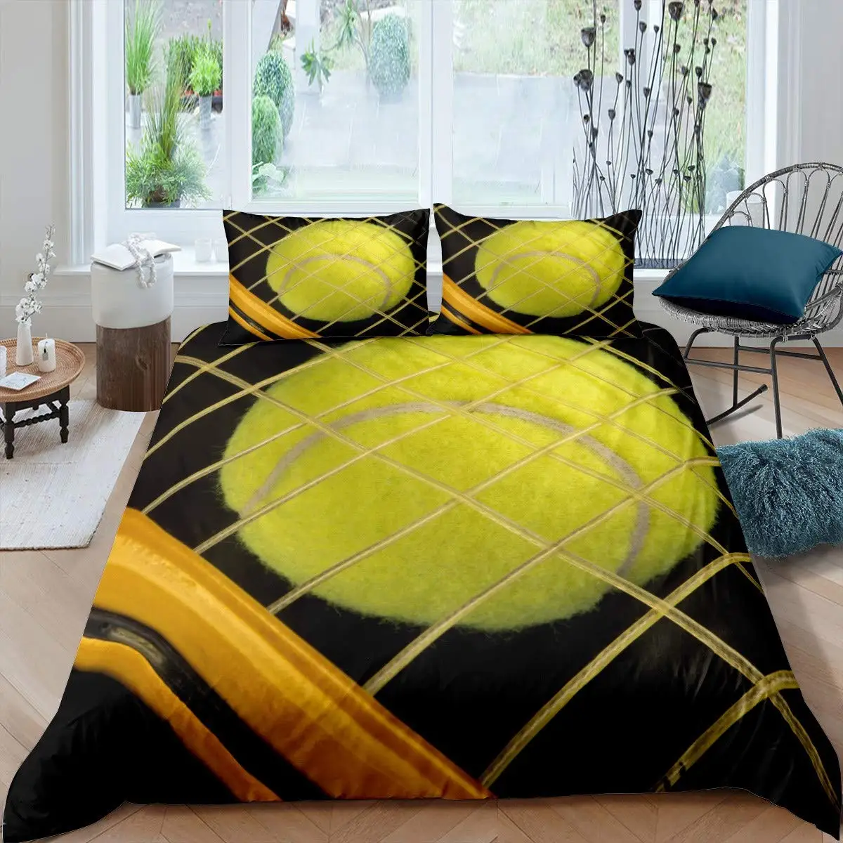 Tennis Court Print Duvet Cover Set,Boys Sports Games Themed Comforter Cover,Yellow Tennis Racket Sporting Equipment Bedding Set 5
