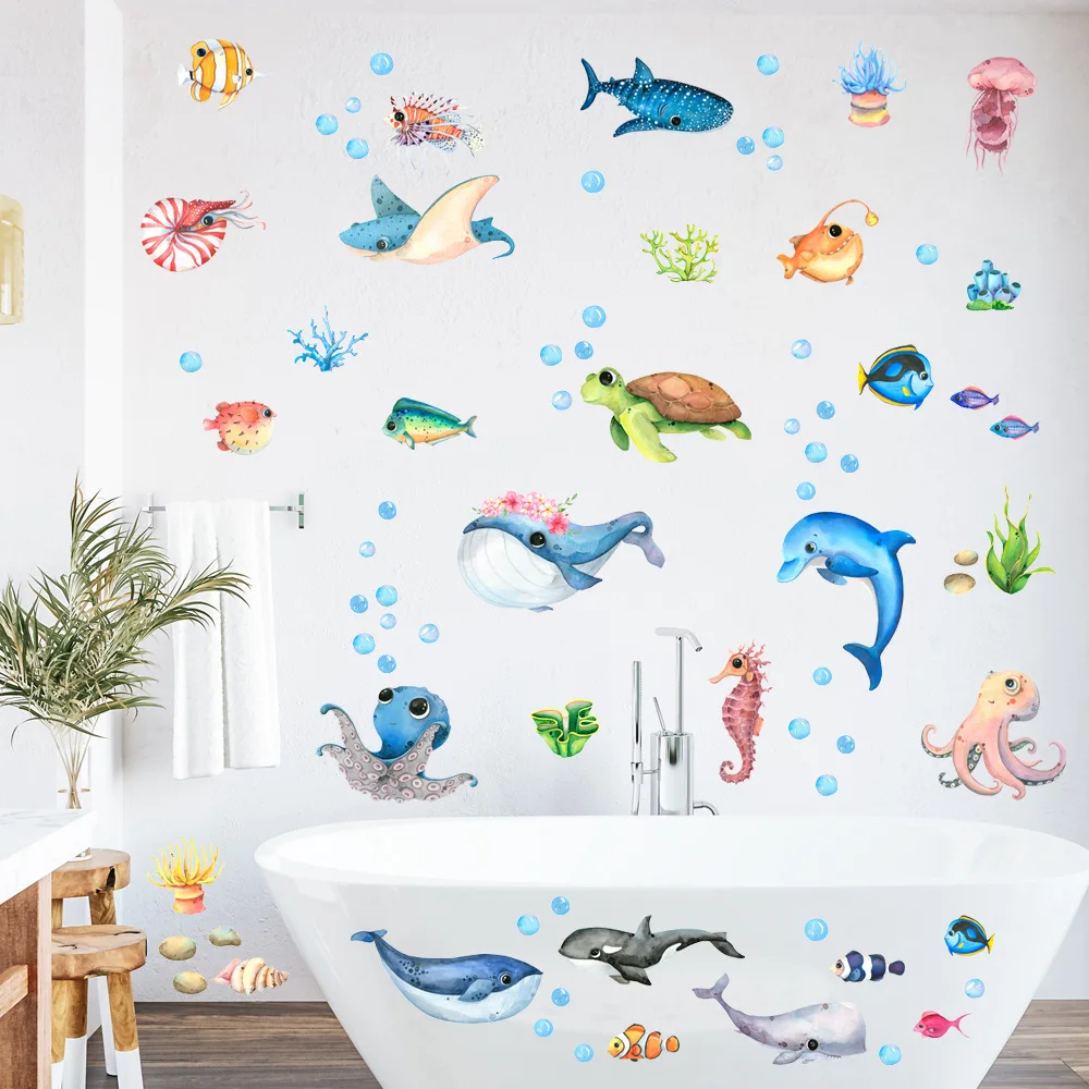 Wall Stickers Cartoon Marine Life Wall Stickers for Kids room Bathroom Wall Tile Decals Octopus Sea Turtle Fish Posters Home Decoration