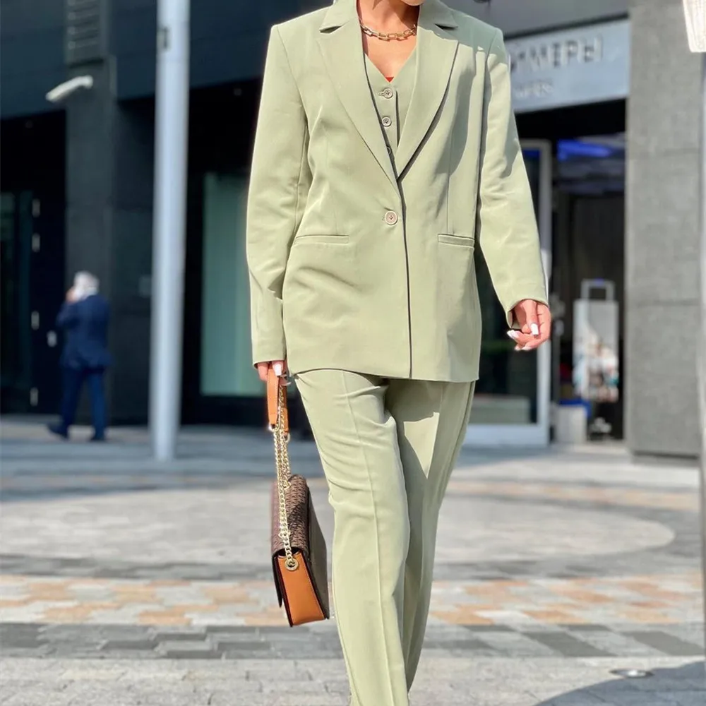 Light Green Women Suits 3 Pieces One Button Tailored Fashion Formal Sexy Real Image Coat Vest Pants Mother of The Bride Causal