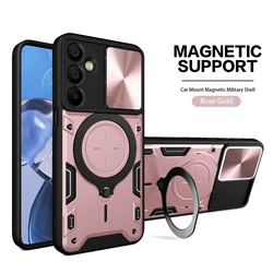 Durable Armor Metal Ring Stand Phone Case with Slide Camera Protection and Shockproof Back Cover for Galaxy A56 5G (Rose gold)