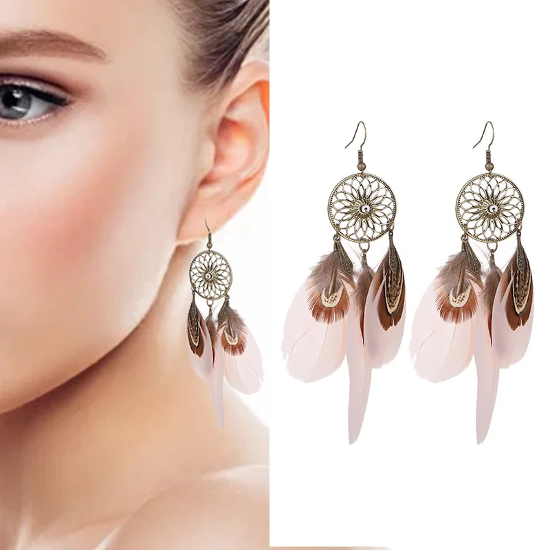 Bohemian Retro Hollow Sunflower Long Feather Dangle Earrings For Women Summer Beach Tassel Drop Earrings Wedding Bride Jewelry