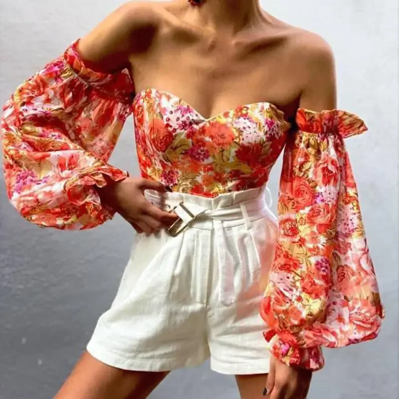 

2023 Female Elegant Blouse Off Shoulder Tops Sexy Frill Long Lantern Sleeve Ruffles