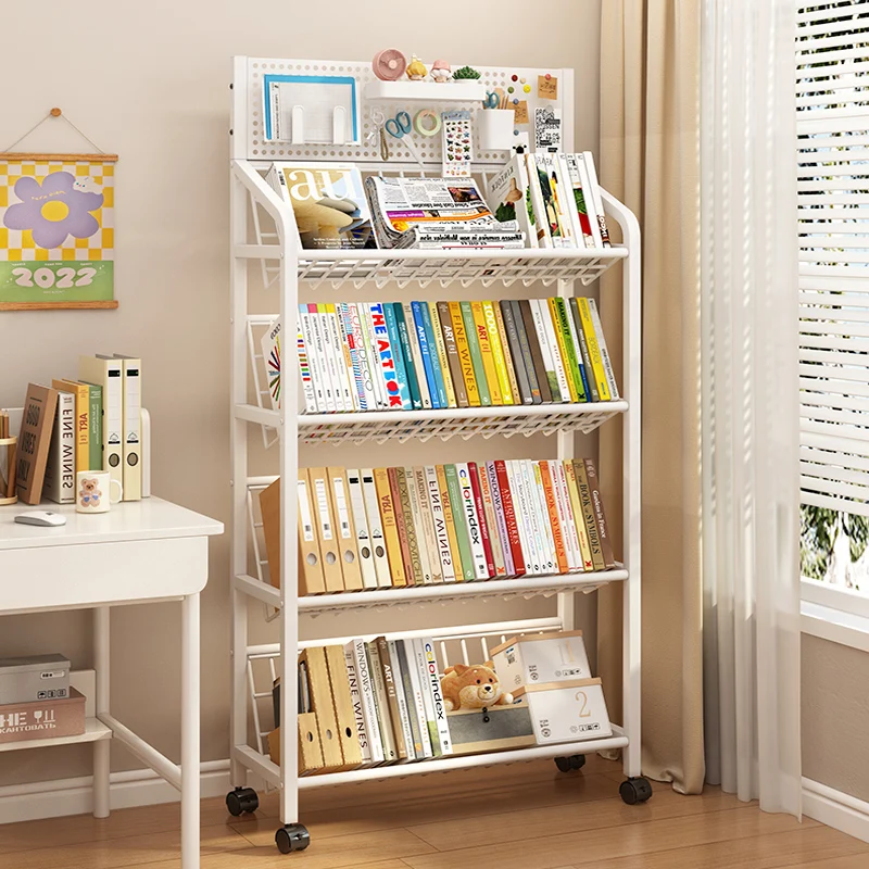Floor Standing Multi-Layer Bookshelf Living Room Magazine Rack Iron Bookcase Movable Storage Organizer Wheels Books Toys FYMR