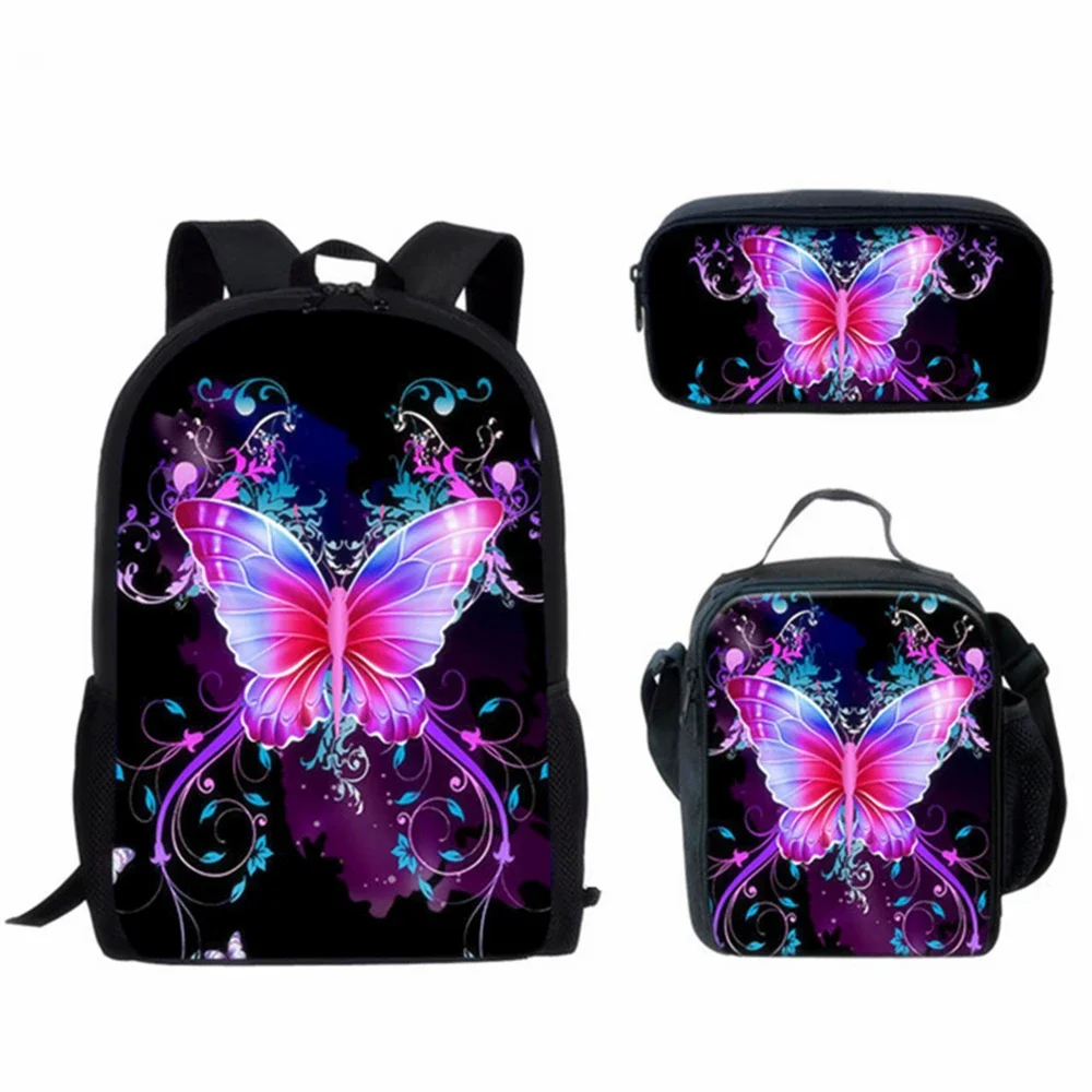 

Novelty Butterfly Pattern 3pcs/Set Backpack 3D Print School Student Bookbag Laptop Daypack Lunch Bag Pencil Case for Teens Kids