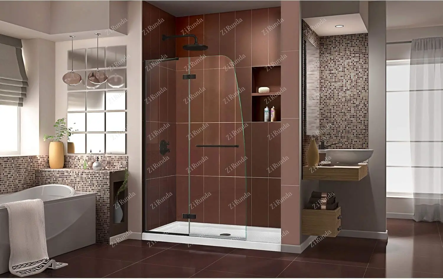Frameless hinged shower door, matte black, 8mm thick, transparent tempered glass, frameless curved