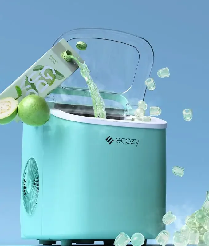 ecozy Portable Countertop Ice Maker Machine, 9 Ice Cubes in 6 Minutes, with Bags, Scoop, and Basket for Kitchen