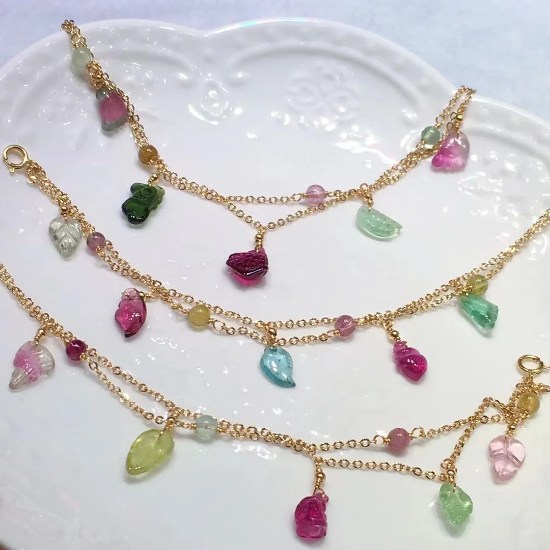 

1 Pc Fengbaowu Natural Colorful Tourmaline Carvings Chain Bracelet Crystal Reiki Healing Stone Fashion Jewelry Gift For Women