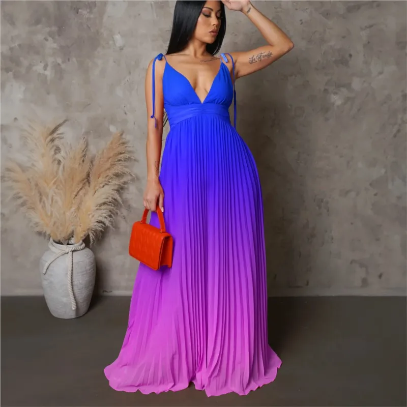 European V Neck Gradient Color Women Long Dress Beach Holiday Vestidos Party Night Sexy Evening Birthday Dresses