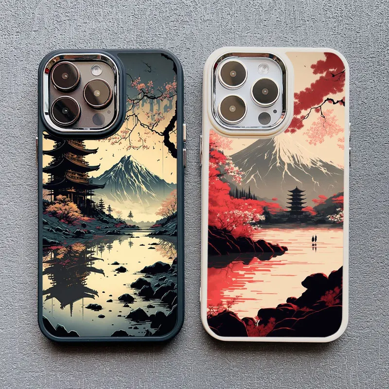 Japanische ästhetische Mount Fuji Landschaft Handyhülle für iPhone 13 12 11 Pro Max 14 7 8 Plus XR XS X 15 16 Pro Max Silikonhülle