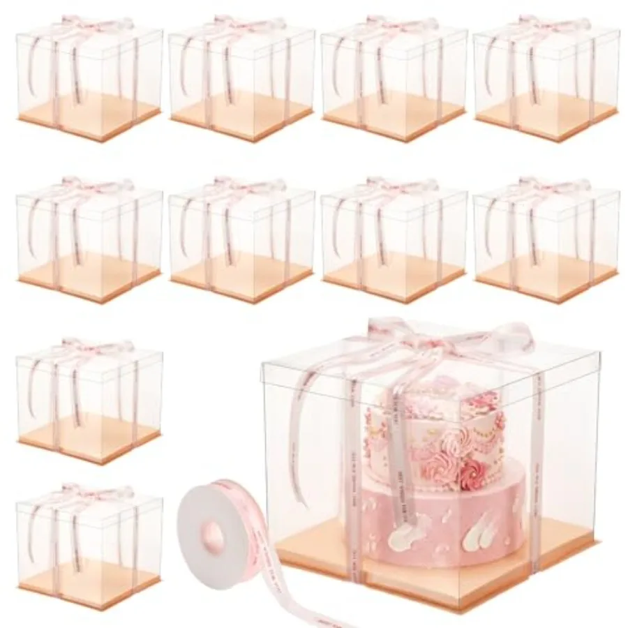 10 Pcs Transparent Tall Cake Boxes 12" x 12" x 10" Large Clear Cake Box with Ribbon Dessert Carrier PET Wedding Dessert Storage