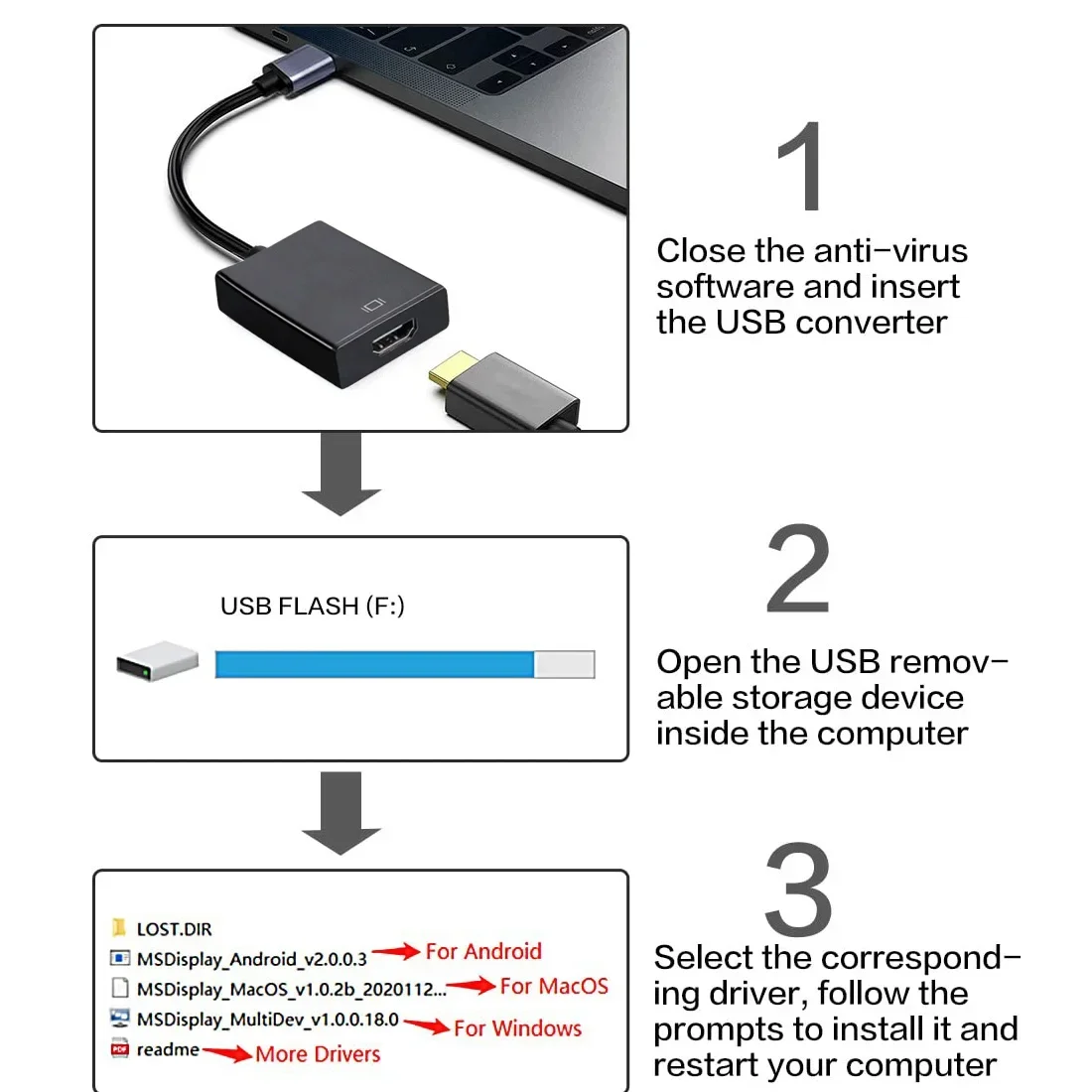 USB to HDMI Adapter HD 1080P USB 3.0 to HDMI-Compatible Converter External Adapter Video Cable PC Desktop Laptop usb hub adapter usb adapter hdmi cable adapter usb adapter cable conversion cable adapter usb cable adapter
