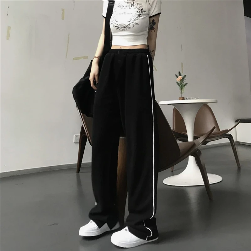 High Street Harajuku Slit Straight Wide Leg Trousers Female Korean Style Casual Loose Joggers Sports Pants Women Sweatpants 2023