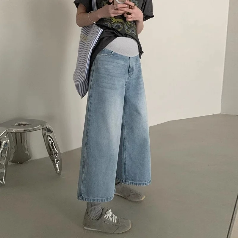 2025 신상 임부용 청바지 얇은 와이드 레그 임산부 바지 봄 여름 면 폴리에스터 7부 기장 일반 두께