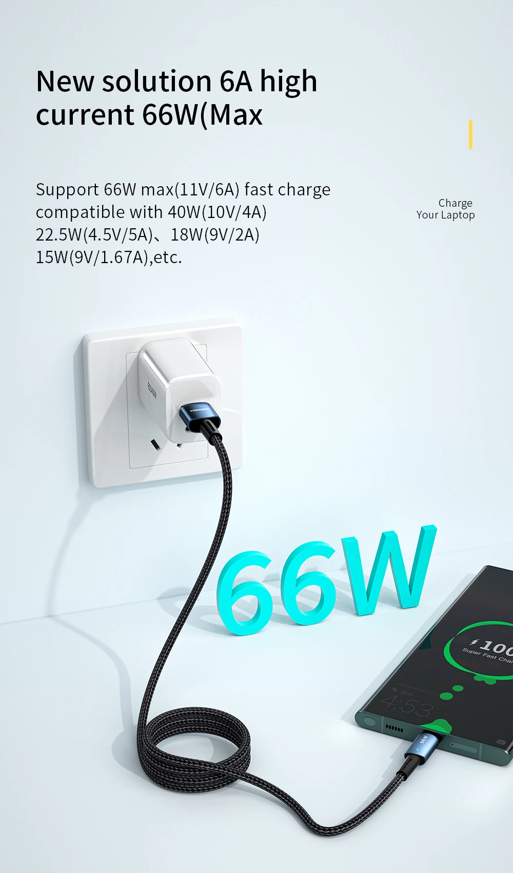 6A USB Cable Type C for Samsung Xiaomi Huawei 66W LED Fast Charging Charger USB