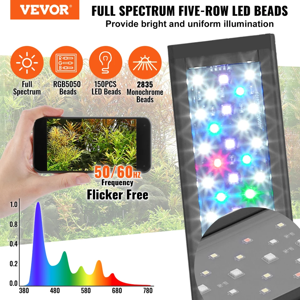 Luce LED Per Acquario VEVOR A Spettro Completo - 24W, Schermo LCD, Timer 24/7, Per Vasche 76-91cm - Foto 6