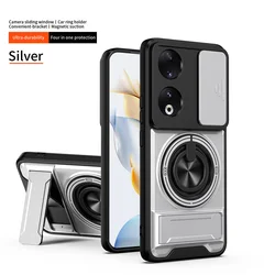 Enhanced Protective Armor Phone Case with Magnetic Ring Stand and Lens Guard - Honor 90 Lite (Silver)