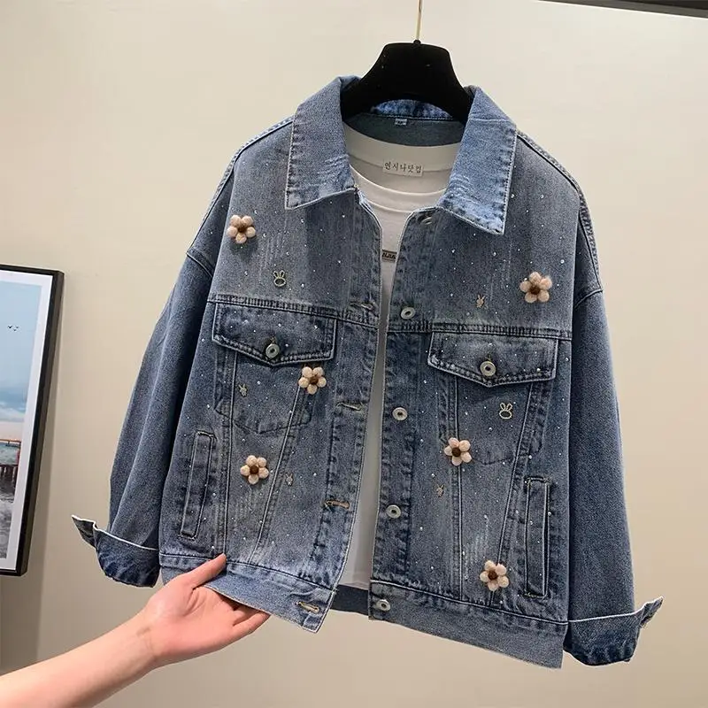 

Spring And Autumn Flower Jean Jacket For Women 2023 New Vintage Lapel Long Sleeve Jacket Short Work Clothes Top