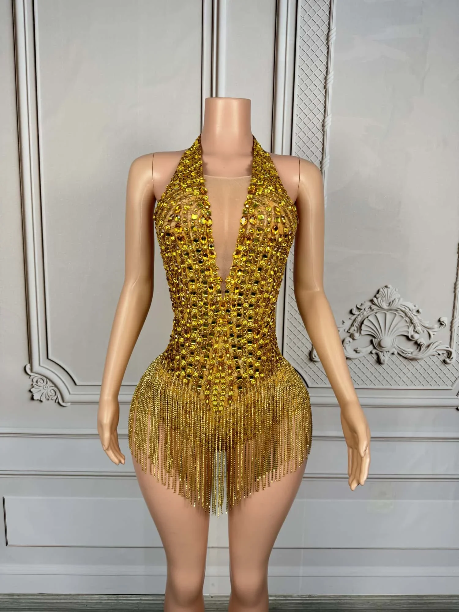 Drag Queen Costume Black Gold Fringe Women Rhinestone Bodysuits