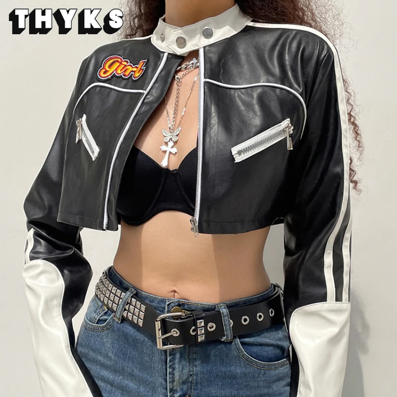 

Spring and Autumn Streetwear Punk Style Patchwork Cropped PU Leather Jacket Women Zipper Jacket Basic Fund Contrast Color Coat