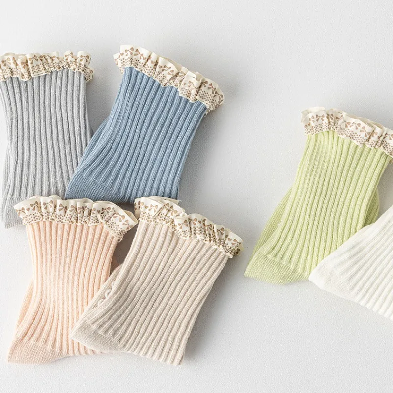 Children Cute Princess Ruffle Lace Calf Sock for Toddler Girls Sweet Floral Newborn Non-slip Floor Cotton Socks Baby Clothing