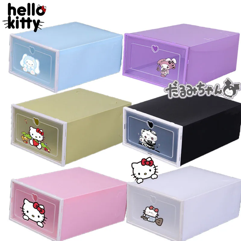 

Бокс для обуви Hello Kitty для милой девушки, вместительный комнатный декор, украшения Kuromi Melody, мультяшное пылезащитное хранилище для студентов, подарок на день рождения
