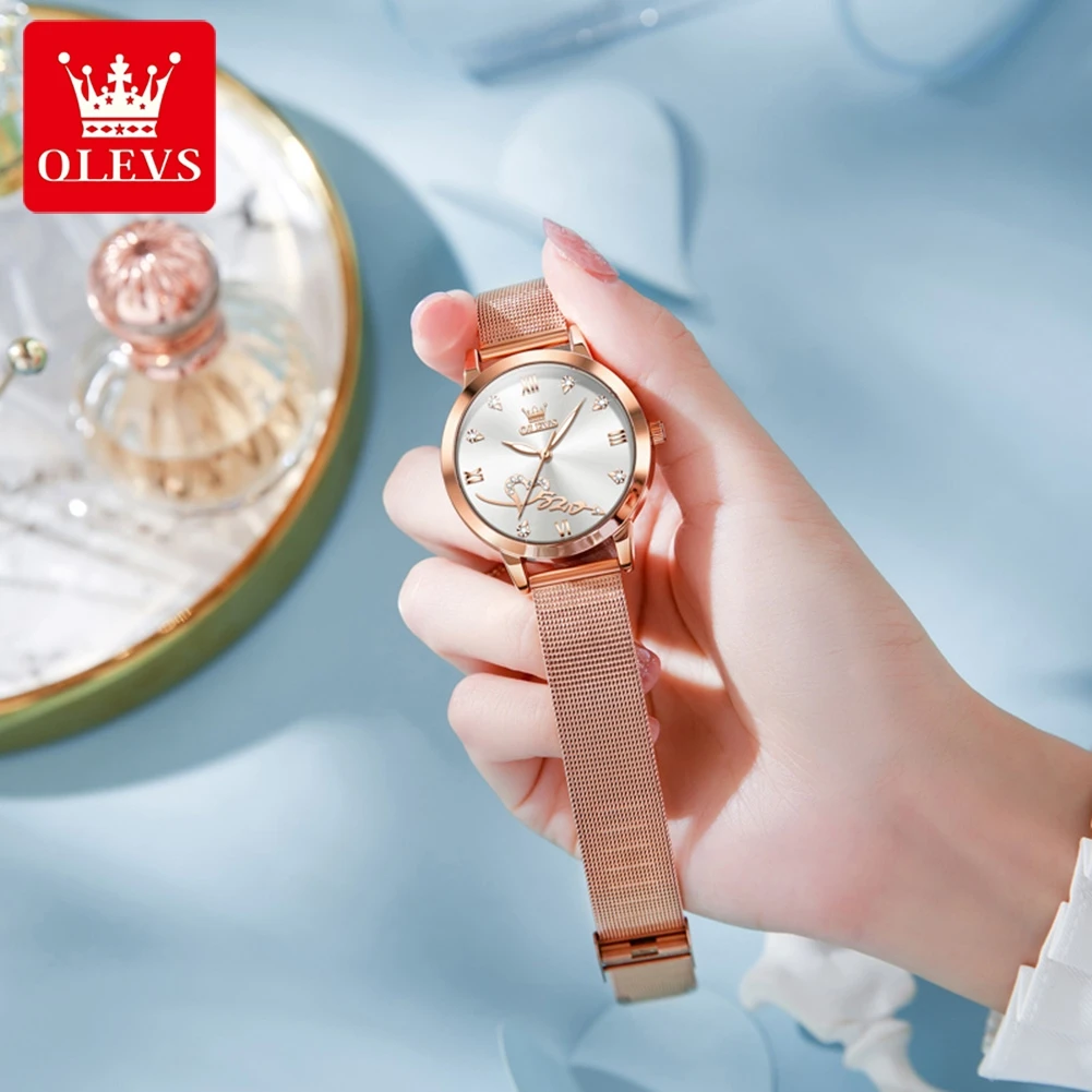 Olevs Topmerk Luxe Dameshorloges Elegant Origineel Quartz Dames Polshorloge Roestvrijstalen Waterdichte Lichtgevende Wijzers Horloge