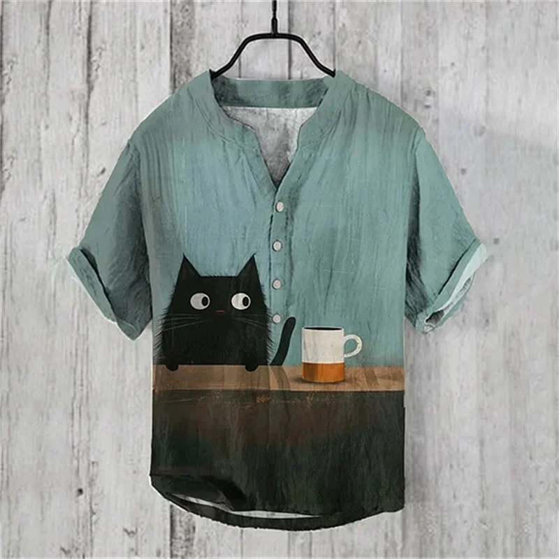 Summer Fashion Men's Small V-neck Japanese Art Frog Print Standing Neck Shirt Men's Leisure Art Short sleeved Shirt