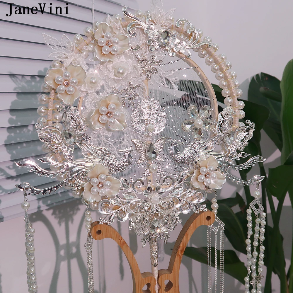 JaneVini Sparkly Silver Flower Bouquet Bridal Fan Chinese Style Ancient Pearls Beaded Tassel Bride Hand Fan Type Wedding Bouquet