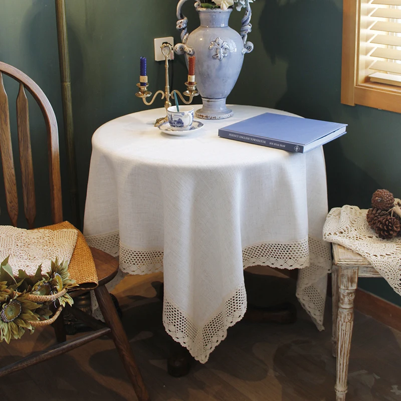 

Simple and Plain Heart Cotton Hemp Solid Table Cloth Herringbone Texture Cotton Thread Ribbon Square Tea