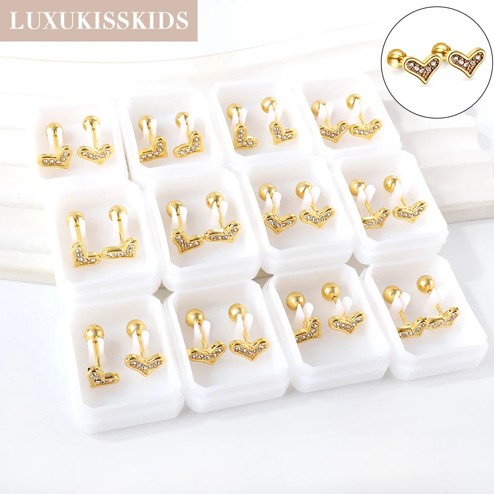 LUXUKISSKIDS 12Pairs/Lots Earrings Tiny Heart Charms New In Korean Trendy Woman 2023 Luxury Cubic Zirconia Small Love Shape Stud