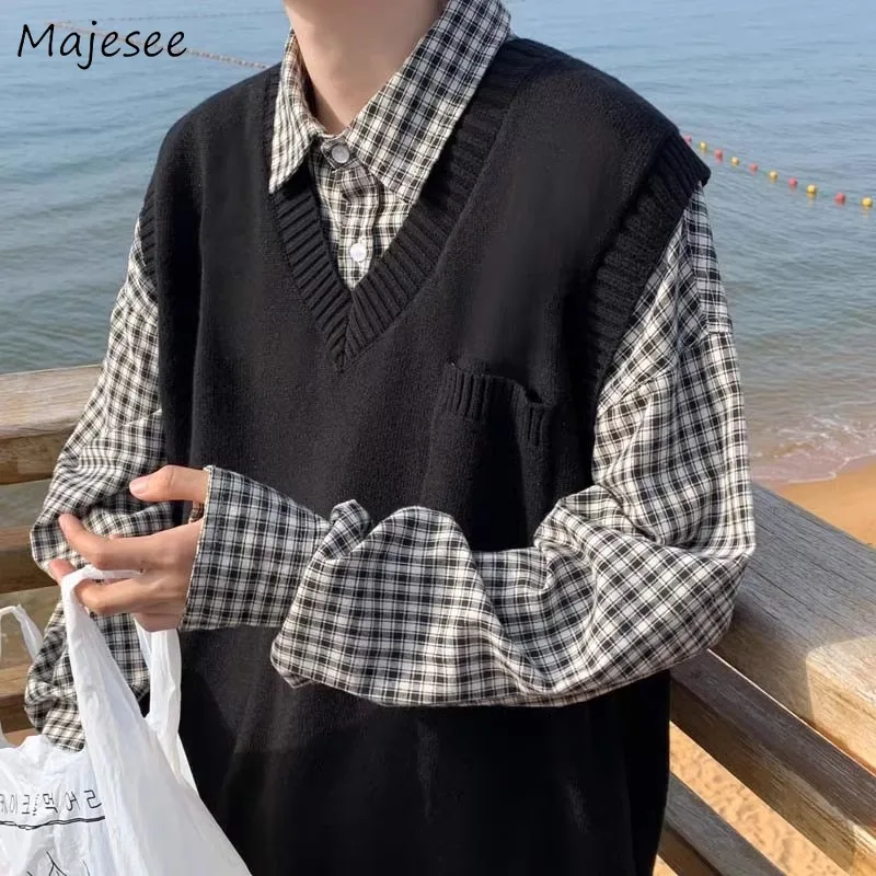 

V-neck Solid Sweater Vests Men Teens Knitted Autumn Stylish Loose Knitwear Pocket Ins Students Preppy All-match Cozy Tops Male